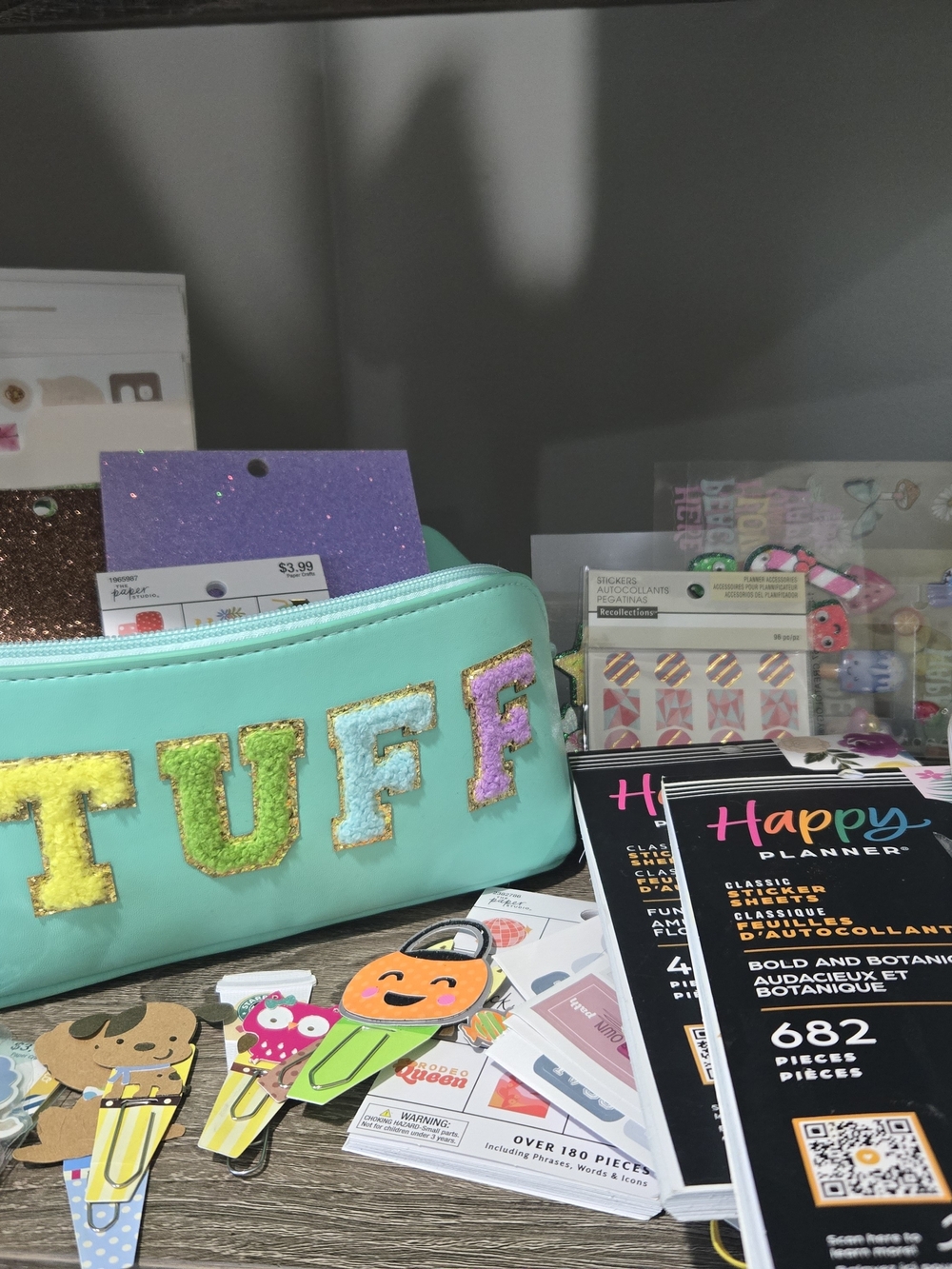 Mint Pouch with Colorful Chenille STUFF Letters And Variety Scrapbooking